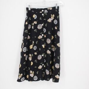 Clio Petites Vintage Women's Black Floral Button Front Rayon Midi Skirt Size PS